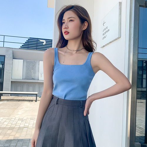 New Summer Women's Sheer Knit Tank Top with Square Neck, Backless Casual Top for Trendy Girls, Short-Sleeved Underwear and Base Layer Shirt