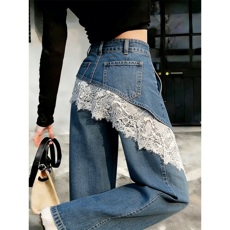 French-Style Asymmetrical Faux Two-Piece Denim Straight-Leg Pants, Slimming High-Waisted Lace Patchwork Wide-Leg Pants for Petite Figures