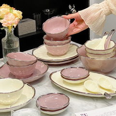 Creamy Silver-Edge Ceramic Tableware Set, High-Aesthetic Good Choice, Hammered Pattern Bowl and Plate Set for Home Use, Moving Gift, Wholesale