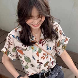 印花碎花衬衫女夏短袖复古港风森系宽松小个子夏季薄款休闲衬衣