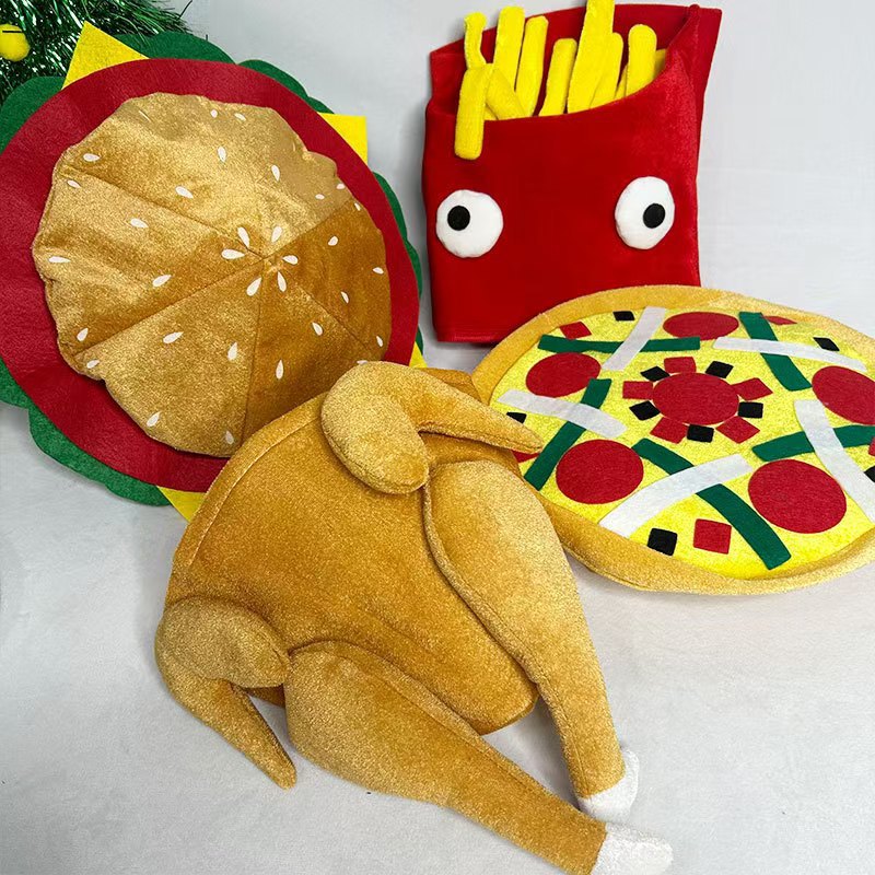 Halloween performance photo props in Europe and America: hamburger hats, pizza hats, funny party fries hats, Thanksgiving roast chicken leg hats