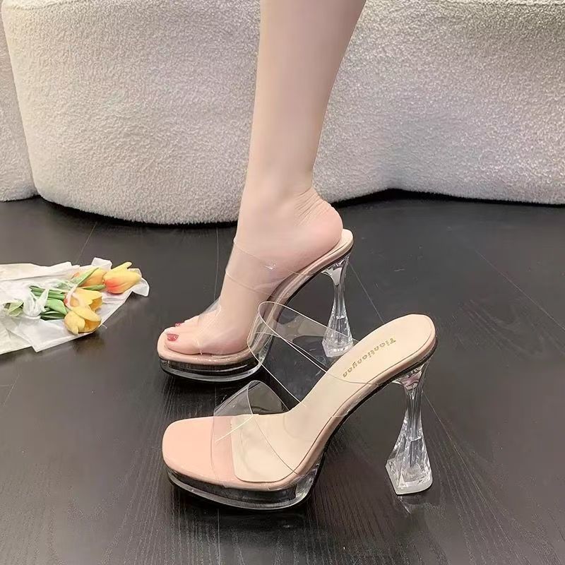 Sandalias de tacón alto transparentes de gran tamaño con suela gruesa para mujer 2025 verano nuevo estilo plataforma de cristal con sandalias y zapatillas