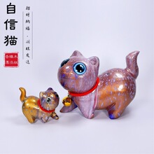 大漆漂漆彩绘香樟木制雕刻可爱小猫咪创意景区工艺品摆件批发木质