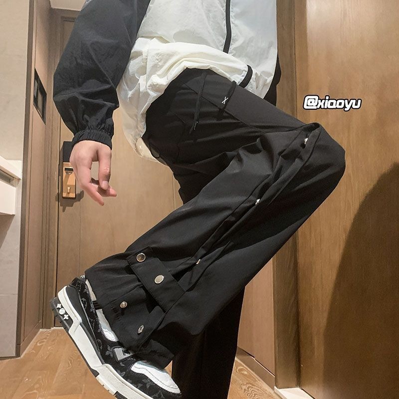 Buttoned Tactical Pants for Men, Spring and Autumn American Vibe High Street Functional Flared Pants, Slim Straight Casual Long Pants, Street Style