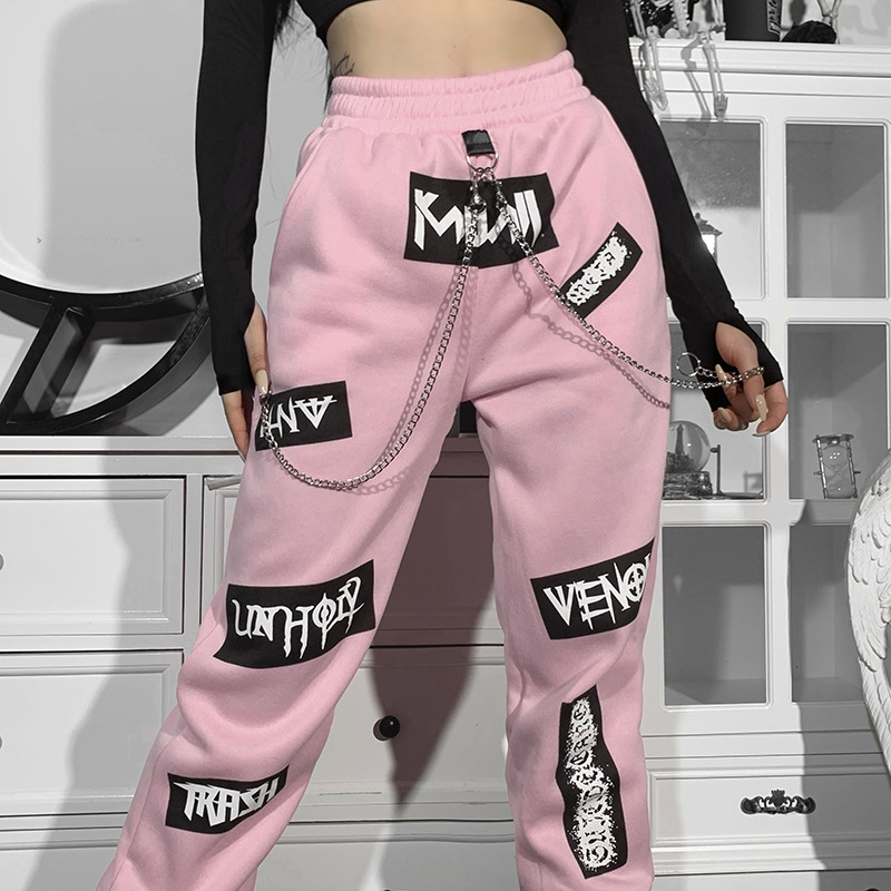 High Waist Letter Print Chain Decorated Sweatpants NSGYB97803