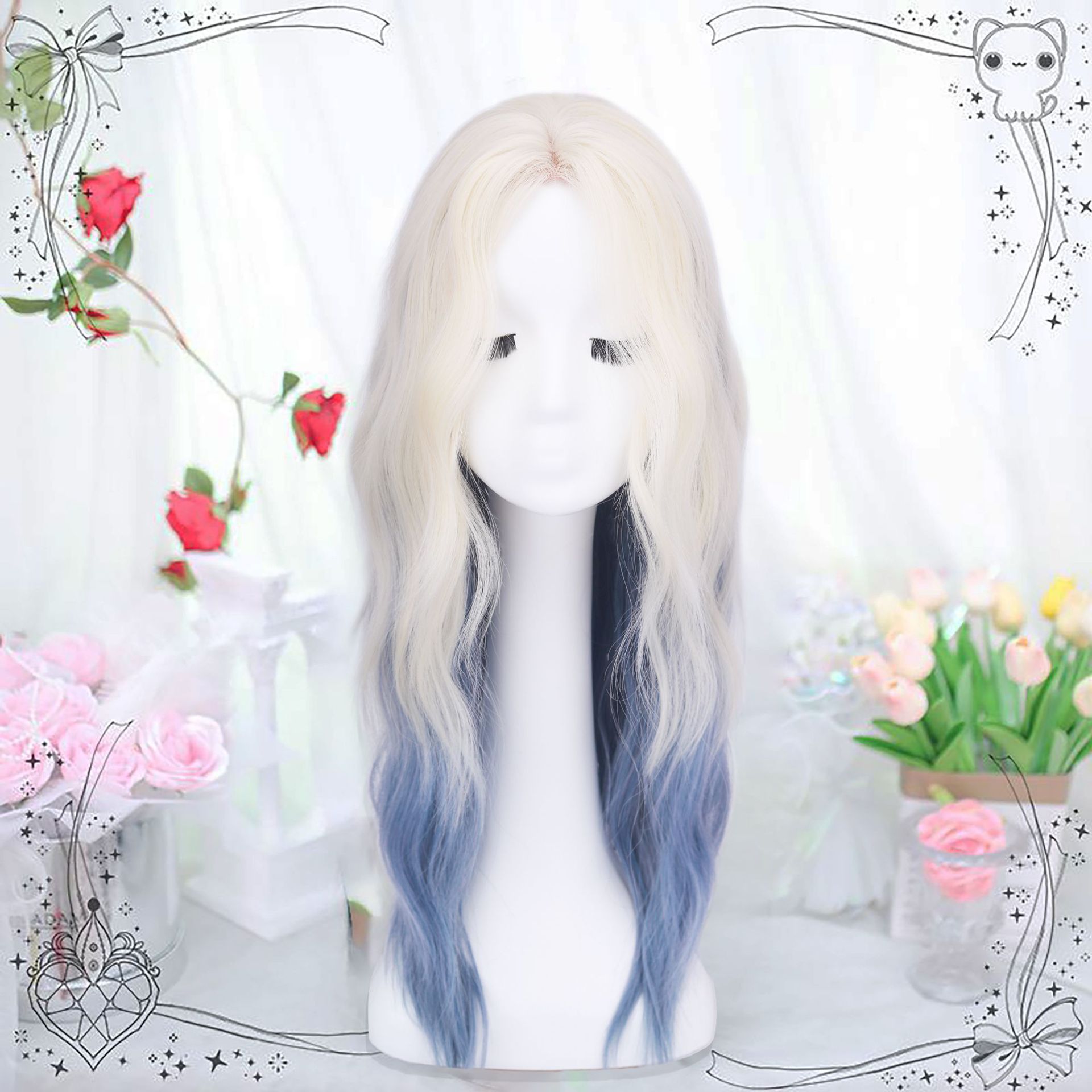 Peruca de mujer cubierta de cabello completo estilo de cabello de simulación natural diario cabello largo ondulado agua media división glaciar azul gradiente