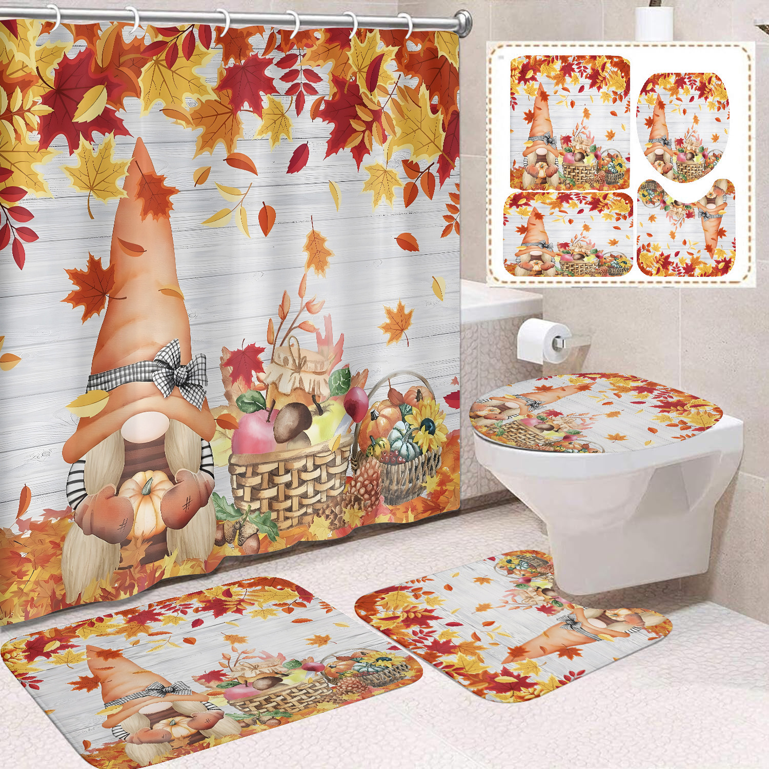 Cortina de ducha de Acción de Gracias, cosecha de otoño, serie de calabaza, cortina de ducha, cortina de baño, cortina de baño impermeable de poliéster, cortina de baño de cuatro piezas image 33