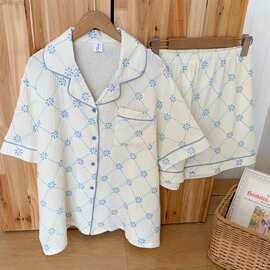 韩国ins夏装新款蓝色花朵短袖短裤套装家居服睡衣