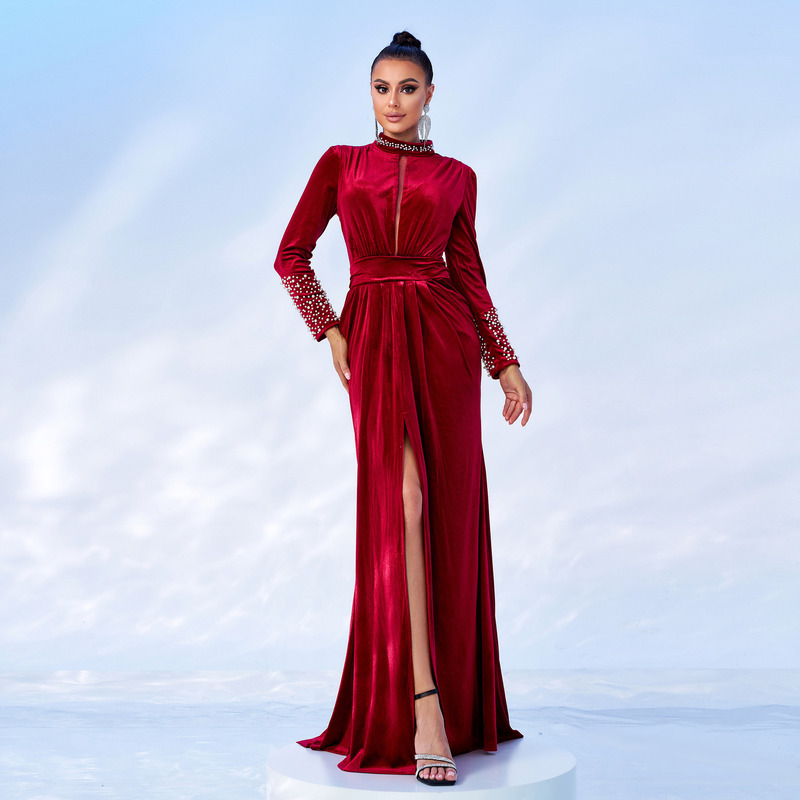 Cross-border European and American High-end Long-sleeved Elegant Crewneck Sexy Long Velvet Banquet Evening Dress Bridesmaid Dress dress Women