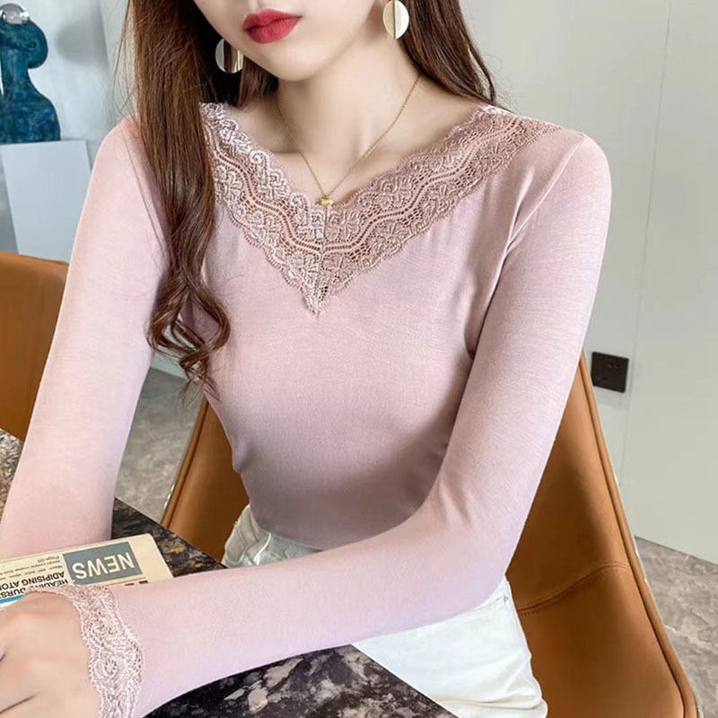 2025 New Autumn and Winter Modal Lace V Neck Bottoming Shirt Women's Thin Warm Long-Sleeved T-Shirt Top