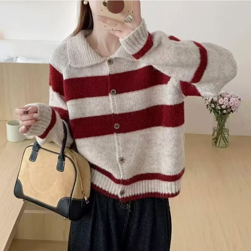 Coreano retro contraste a rayas suéter con solapa Cardigan abrigo de mujeres otoño invierno suelto viento perezoso camiseta de punto pequeña image 1