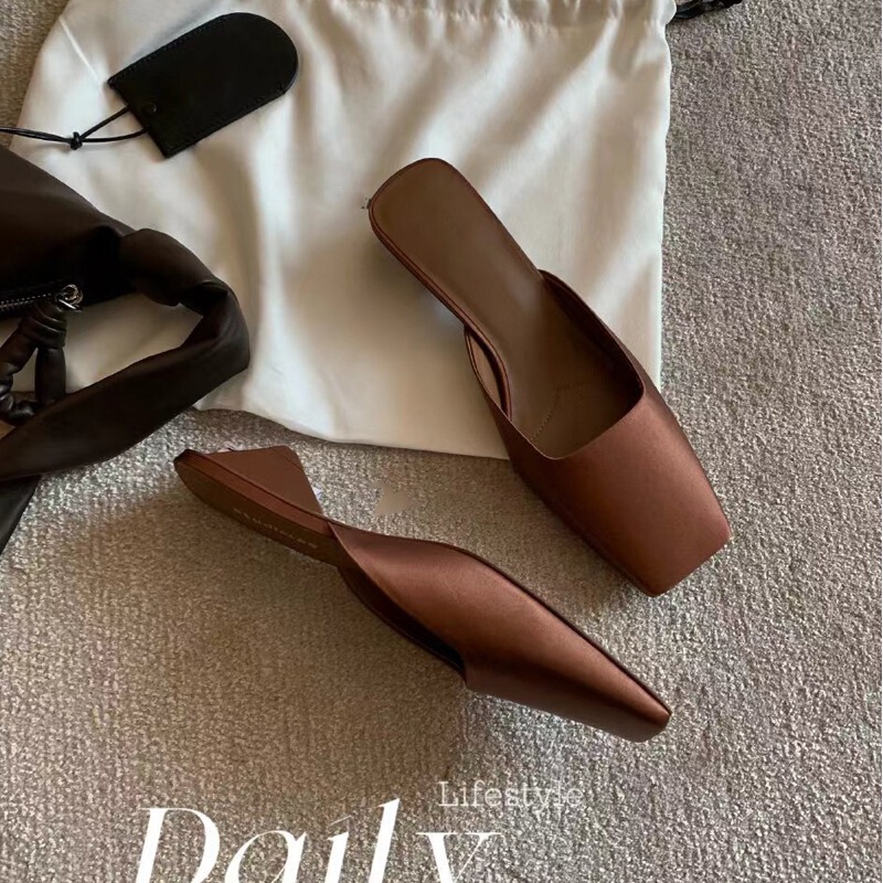 Fairy-Style New Fashion with a French Flair~ French Square-Toe Shallow Satin Triangle Heel Mule Sandals for Women, New Summer Style