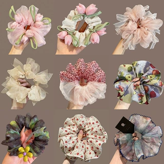 夏日绝美郁金香花朵网纱大肠发圈女高级感扎丸子头发绳头花发饰品