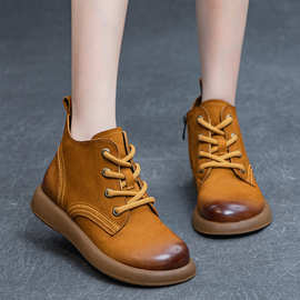 靴子女2023秋冬季新款女式真皮短靴复古平跟软底头层软牛皮裸靴