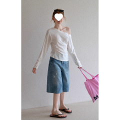 EGGKA斜肩宽松长袖防晒罩衫T恤女夏季条纹设计感气质休闲显瘦上衣