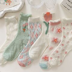 Socks for women summer Cassis tulip flower socks mesh breathable cool mid-calf socks cotton Japanese style ins trend