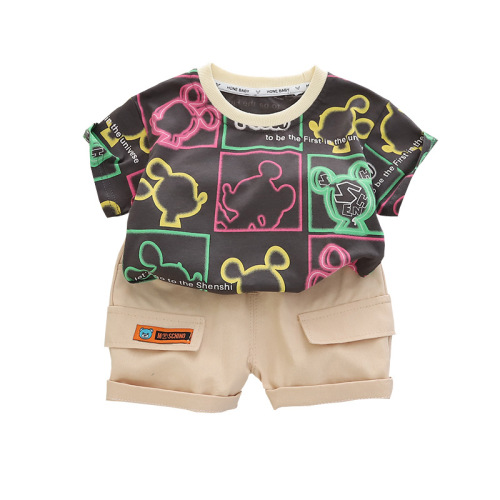 T-shirt Letter Print Two-Piece Summer Set for Boys with Round Neck Short Sleeve Casual Clothing