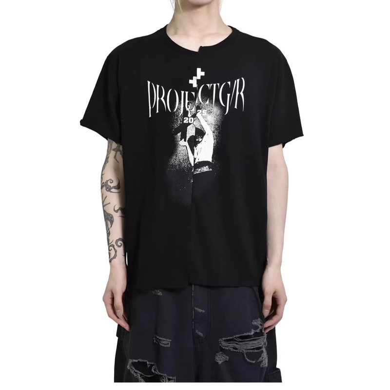 Jimo Grailz High-Quality Splicing Dislocation Design Double-Headed Bird Letter Printing Round Neck Short-Sleeved Male and Female Couples