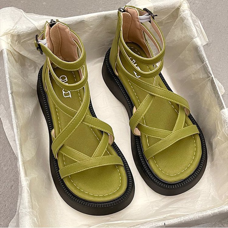 Muffin bottom sandalias mujeres 2026 verano nuevo diseño hueco de altura de suela gruesa cruzada zapatos romanos sandalias botas