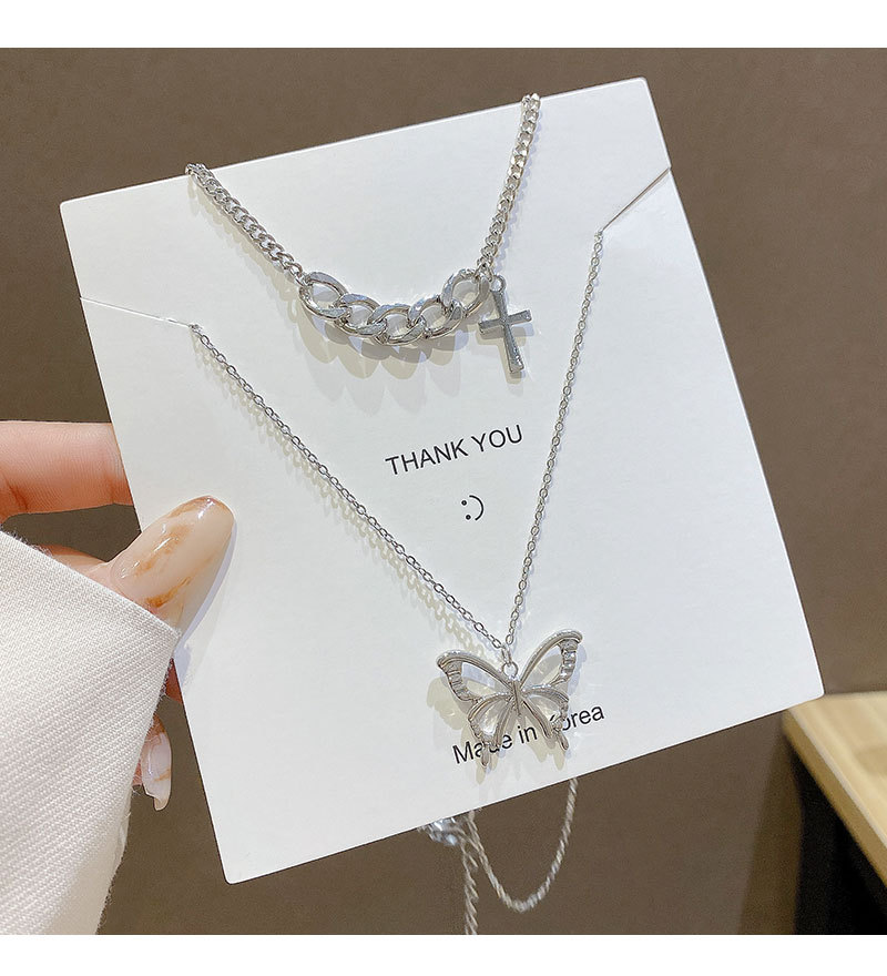 Korean Style Trend Double-layer Butterfly Necklace Female Niche Design Cross Sweater Chain display picture 5