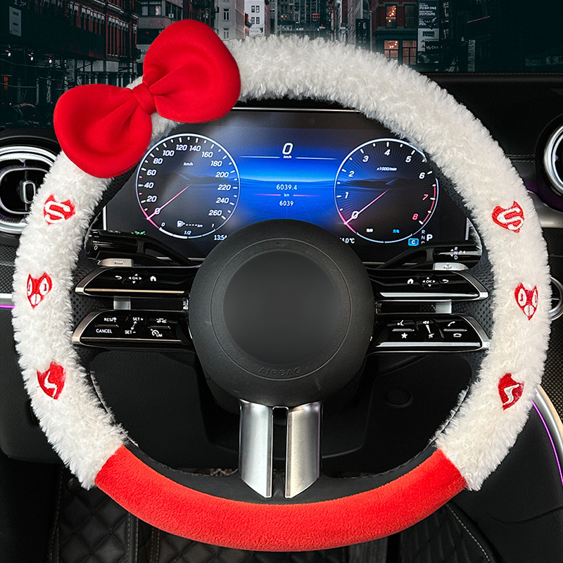 冬季毛绒方向盘套蝴蝶结可爱短毛绒新款汽车方向盘把套女冬天保暖
