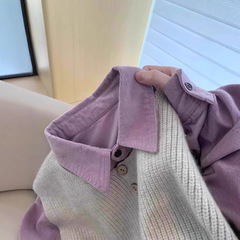 紫の長袖の肩のコーデュロイのシャツの女性の春と秋の重ね着のシャツのコートのデザイン感があります。