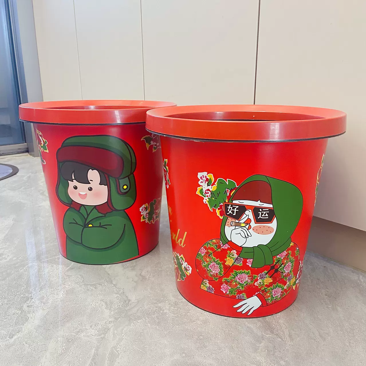 东北拽姐垃圾桶卡通大号垃圾桶春节喜庆垃圾桶卫生桶纸篓