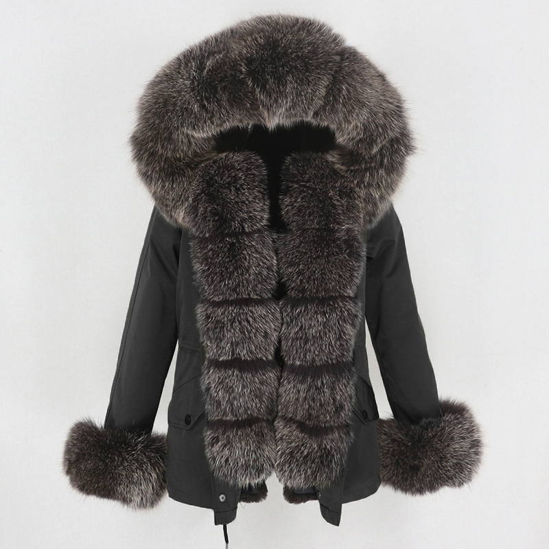 Damkläder höst och vinter ny avtagbar rävpälskrage kort mode varm parka pälskappa_voghion.com