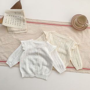 Baby Spring and Summer Baby Girl Sweet Breathable Pure Cotton Baby Soft Solid Color Air-conditioning Shirt Sunscreen Shirt Small Coat