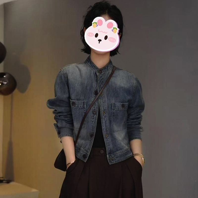 蓝色立领纽扣短款牛仔外套女秋季新款复古通勤高级感宽松夹克上衣