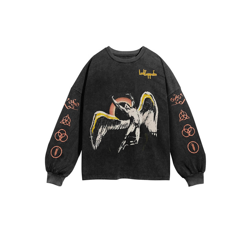 Autumn New Product Led Zeppelin Rock American Vintage Washed Long-Sleeved T-Shirt