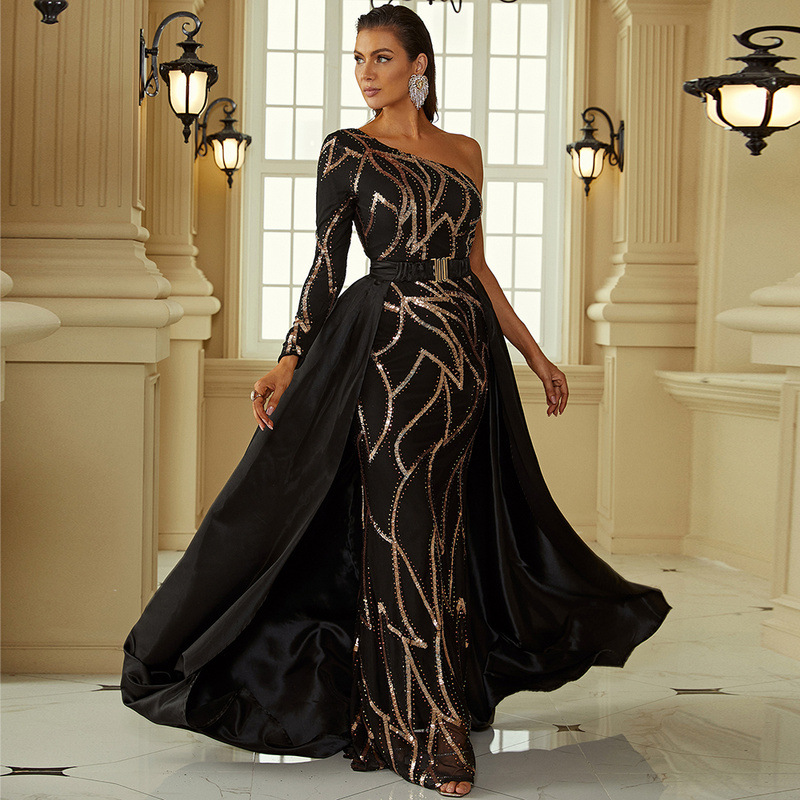 Amazon transfronterizo europeo y americano elegante Banquete de un solo hombro manga larga cabo pequeño trailing vestido de dama de honor vestido de noche vestido de las mujeres
