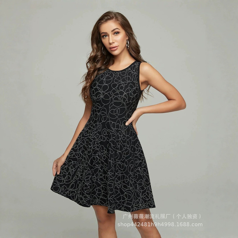 In-Stock Foreign Trade Independent Brand Round-Neck Sleeveless Alaia Waist-Cinching A-Line Black Color-Block Jacquard Woven Summer Dress