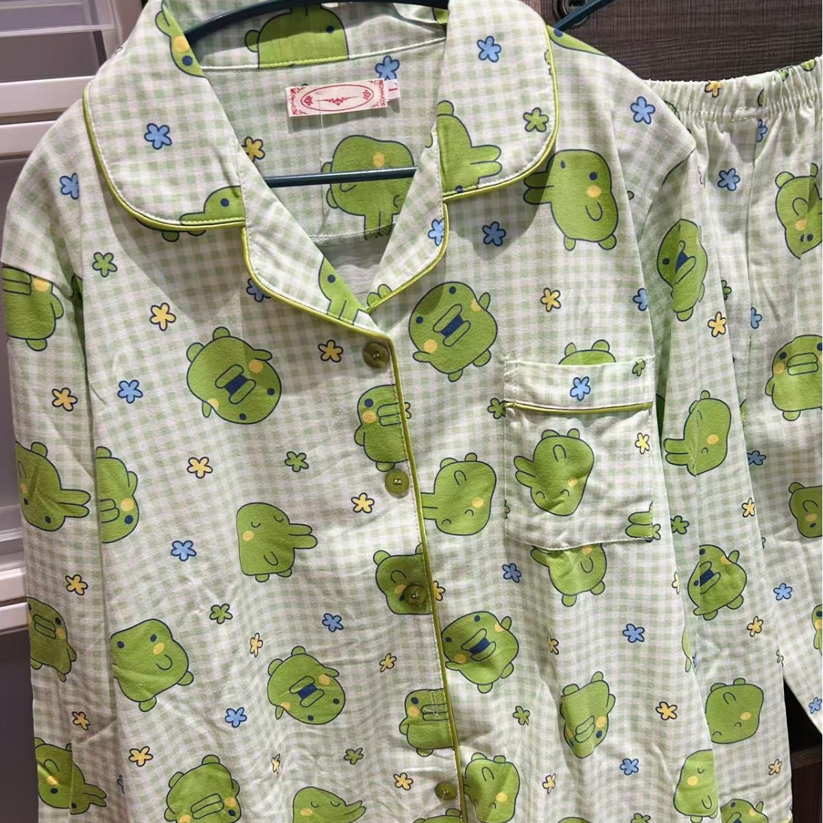 长袖长裤日系格子大嘴吉睡衣女春秋纯棉套装可爱拓麻歌子家居服