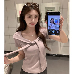パープルピュアセクシースクエアネック半袖Tシャツ女性用2025夏薄いスリムホットガールショールトップ