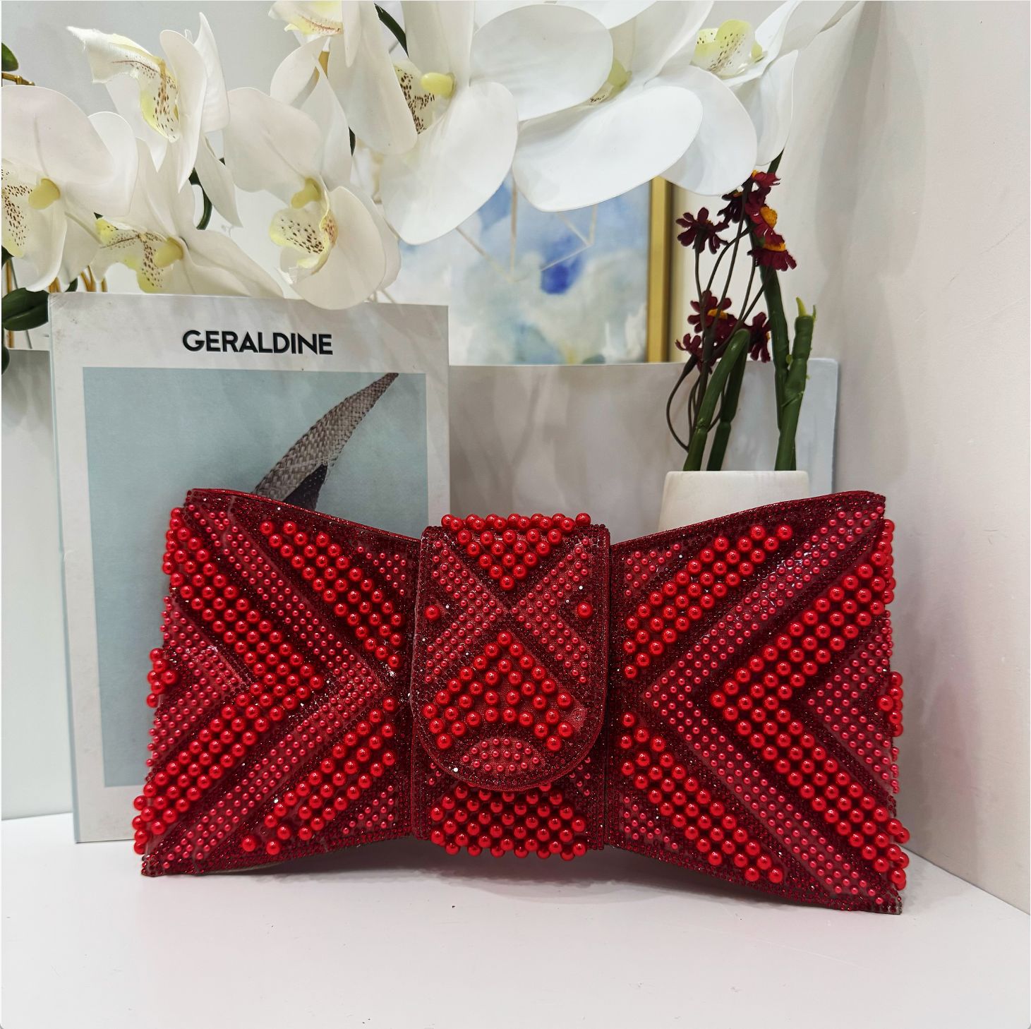 Bolsa de cena de damas transfronterizas, bolsa de mano de lujo ligera, perlas de diamante, bolsa de cena de arco inclinada de hombro único