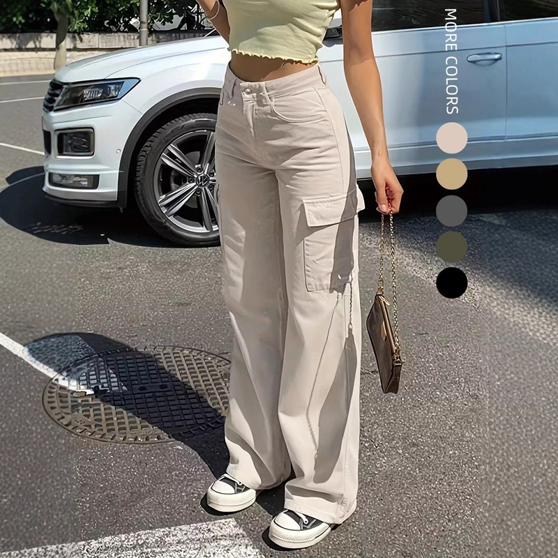 Aliexpress Cross-Border Spring Fashion Straight-Leg Jeans Casual High-Waisted Ins Street Pocket Cargo Loose Long Pants Aliexpress Cross-Border Spring Fashion Straight-Leg Jeans Casual High-Waisted Ins Street Pocket Cargo Loose Long Pants