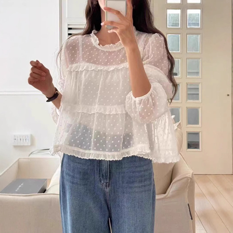 In-Stock Korean Chic Retro Sweet Ruffled Slightly Sheer Age-Reducing Camisole Lace Blouse