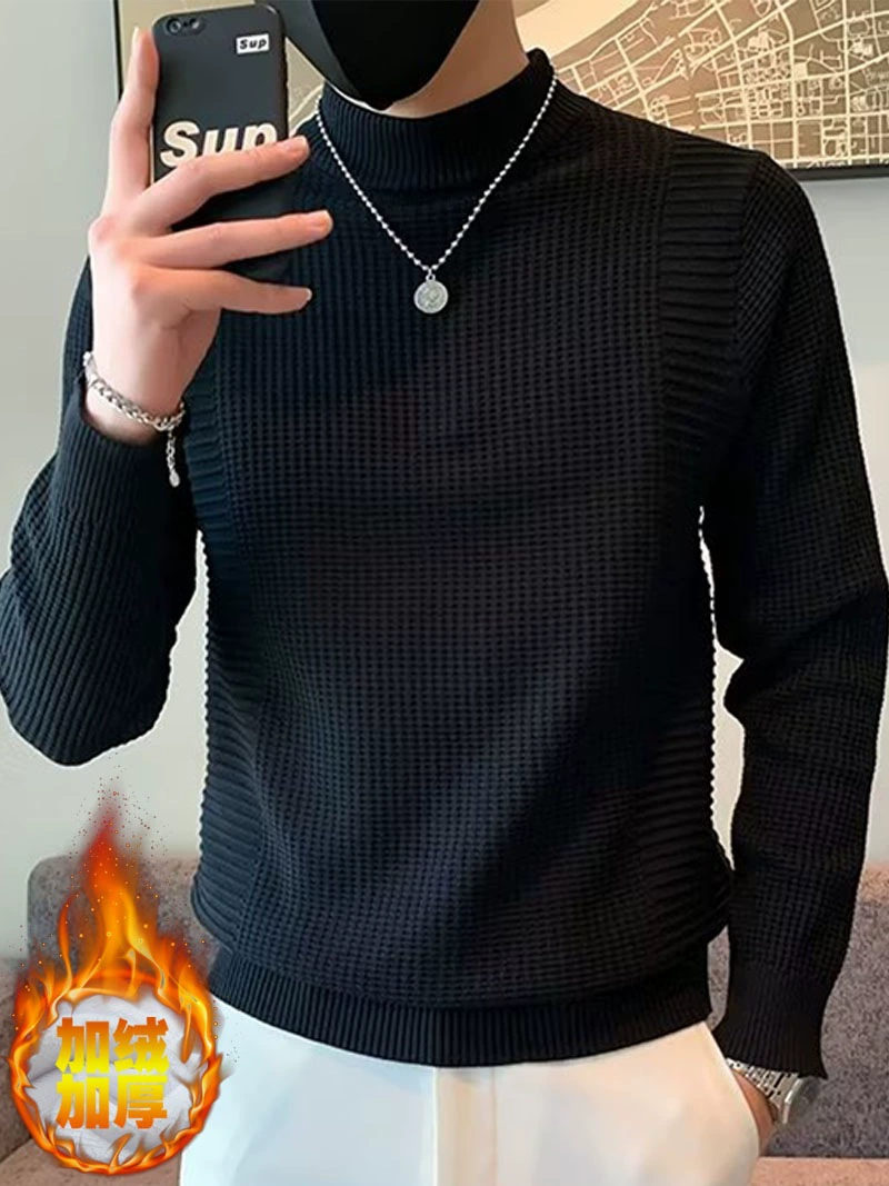 Мужской эластичный цветной вязаный демисезонный базовый свитер, slim fit