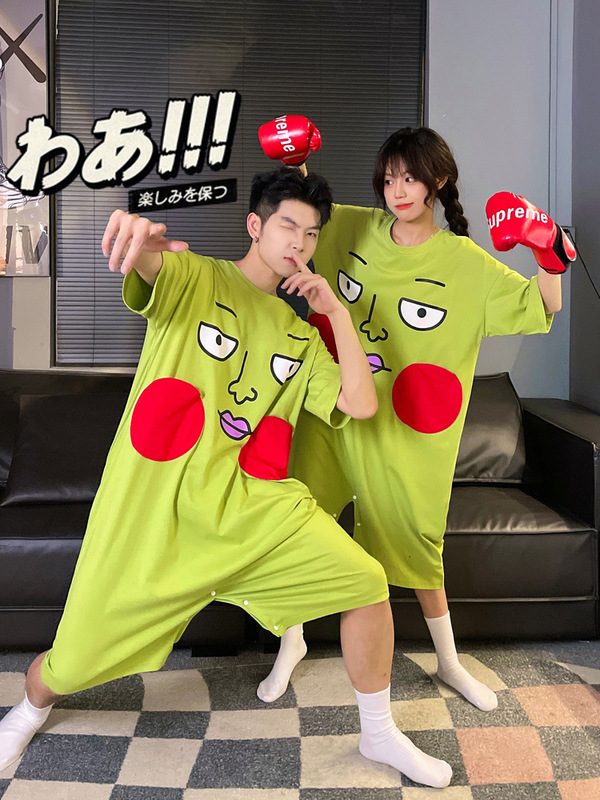 Little Dimple One-Piece Pajamas for Women Summer Short-Sleeved Pure Cotton Psychic 100% Ekb Cute and Funny Couple Nightgown for Men