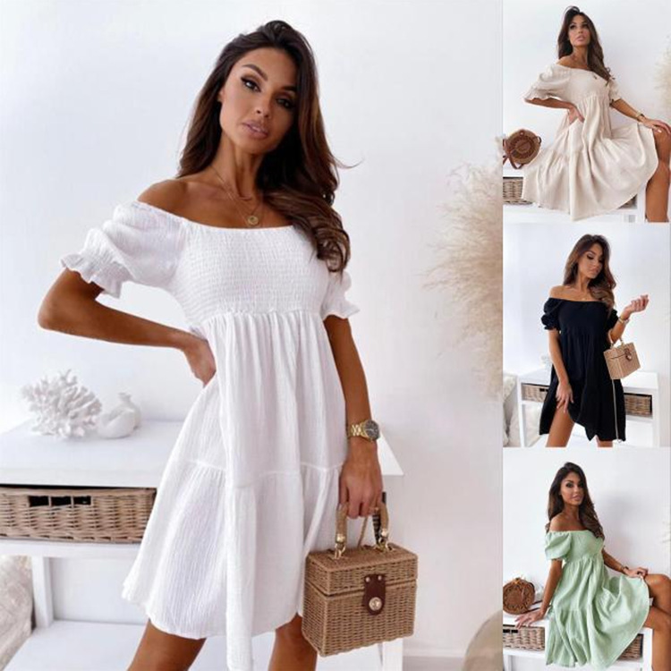 European and American foreign trade 2022 Amazon AliExpress new short sleeve one-word collar waist pleated solid color dress