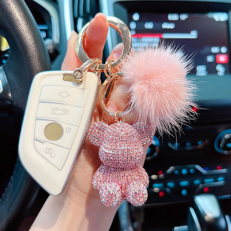 Nuevos productos de moda lindos viento gran botón redondo visón completo diamante osos llavero creativo pareja llavero colgante regalo