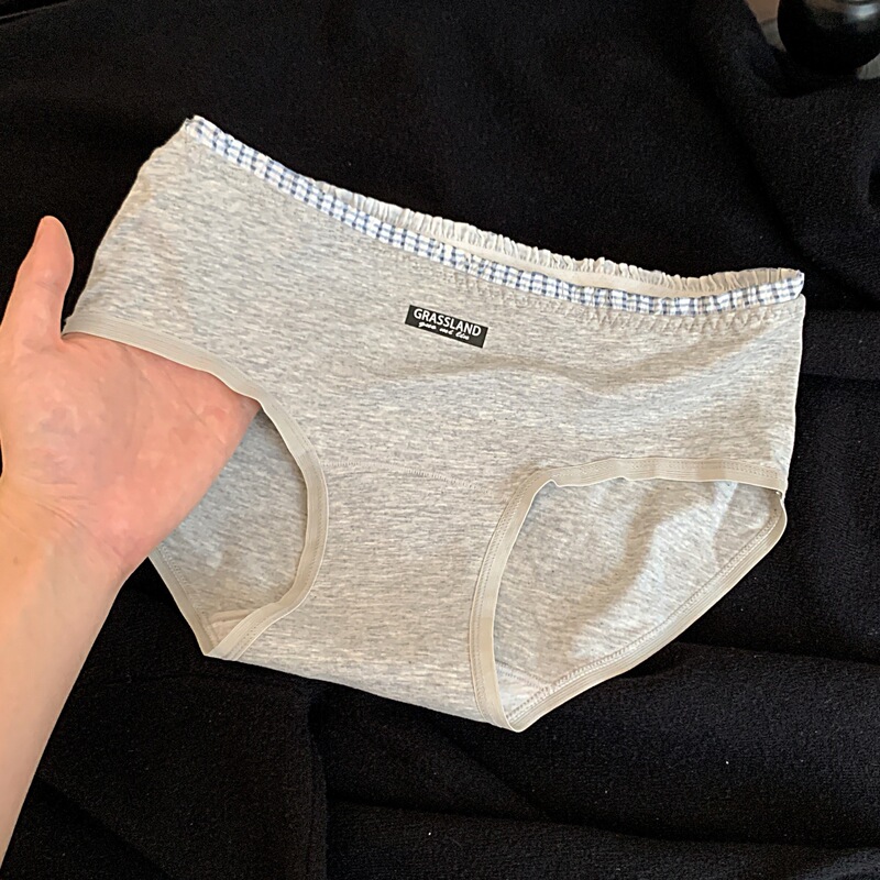 Japanese-Style Minimalist College-Style Pure Cotton Women's Mid-Waist Plaid-Edged Breathable Young Girl Student Cotton Panties