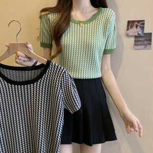 Actual Shot of 2025 Summer New Plus Size Women's Houndstooth Ice Silk Round Neck Top Knitwear Half-Sleeved T-Shirt