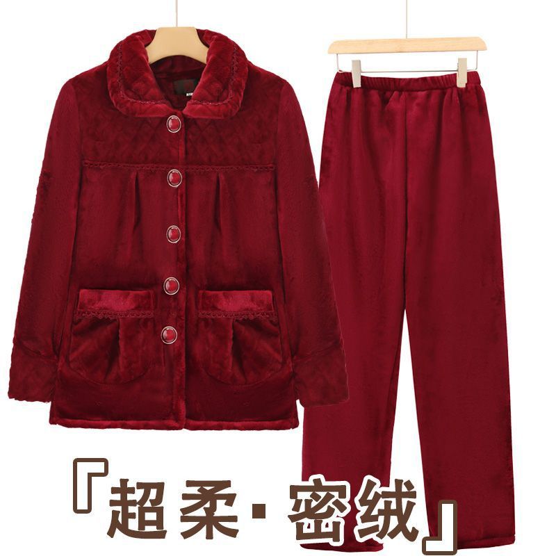 Women's Autumn and Winter Flannel Pajama Set, Thermal Underwear with Fleece, Thickened Warm Clothing, Mom's Loungewear, Plus Size