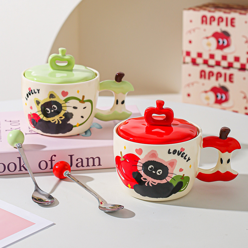 Taza de gato de manzana creativa con tapa de alto valor de pareja taza de cerámica taza de regalo de mano taza de desayuno para amigos