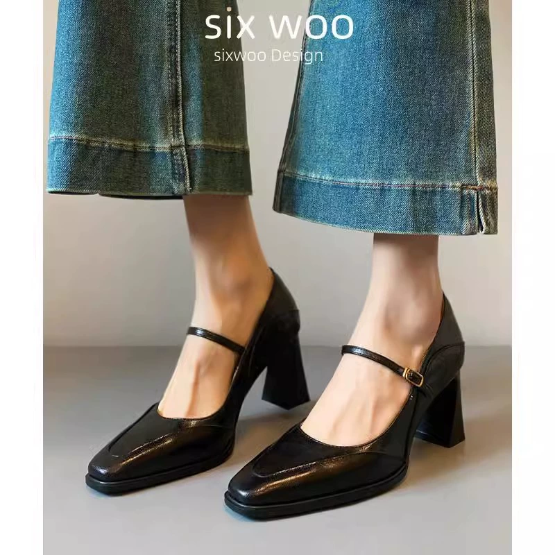 Коровья кожа версия ~ Кожаная ретро-стиль Fangou обувь Mary Jen женские туфли на высоком каблуке