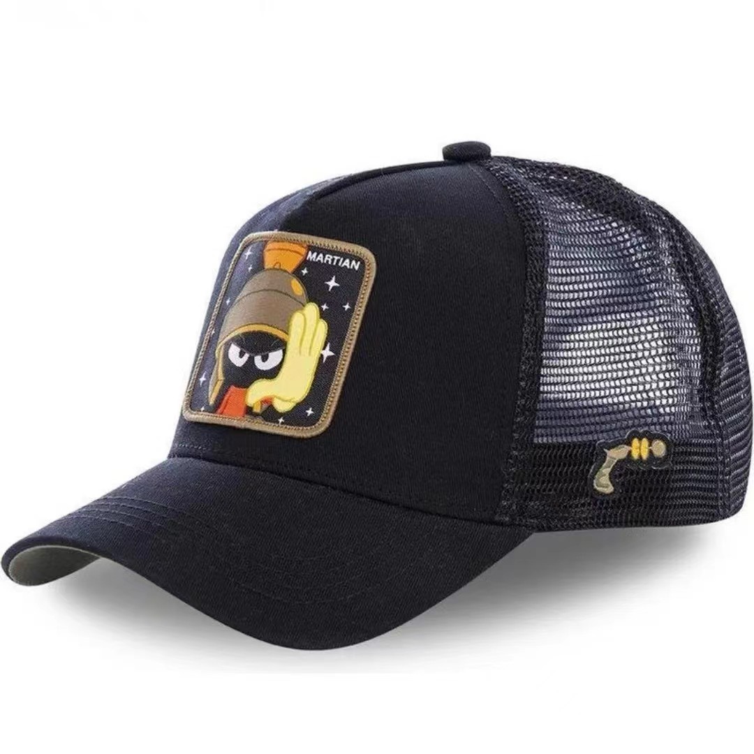 2024 nueva gorra bordada de anime de pato de dibujos animados, gorra de conductor de camión, gorra de béisbol de malla extraña de boca grande
