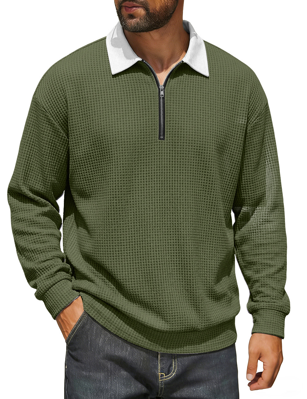 Europa y los Estados Unidos de la nueva primavera de hombres con solapa semiacremallera Waffle color superior americano casual comercio exterior jersey