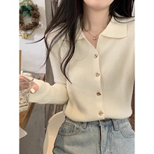 别致polo领纽扣针织羊毛衣外套秋chic法式复古内搭长袖上衣女开衫